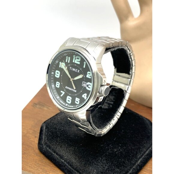 Timex Men's Watch Expedition Quartz Black Dial Date Silver Expansion Band 40mm - Picture 2 of 14